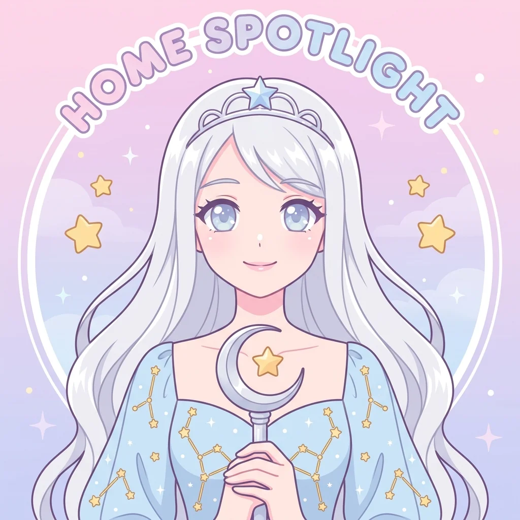 A silver-haired princess in a pale-blue starry gown holding a crescent-moon scepter