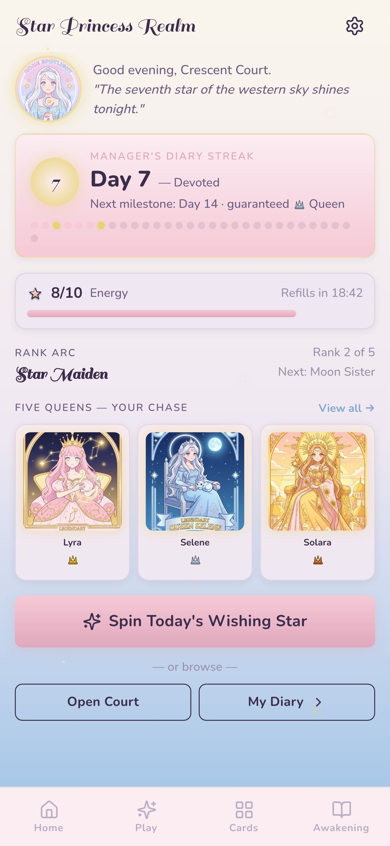 Home tab with streak banner and energy bar
